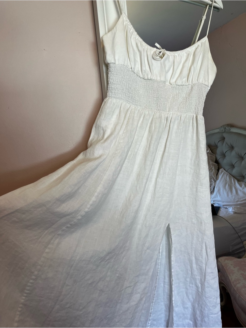 Aritzia White Smocked Midi Sundress with Spaghetti Straps - Picture 2 of 6